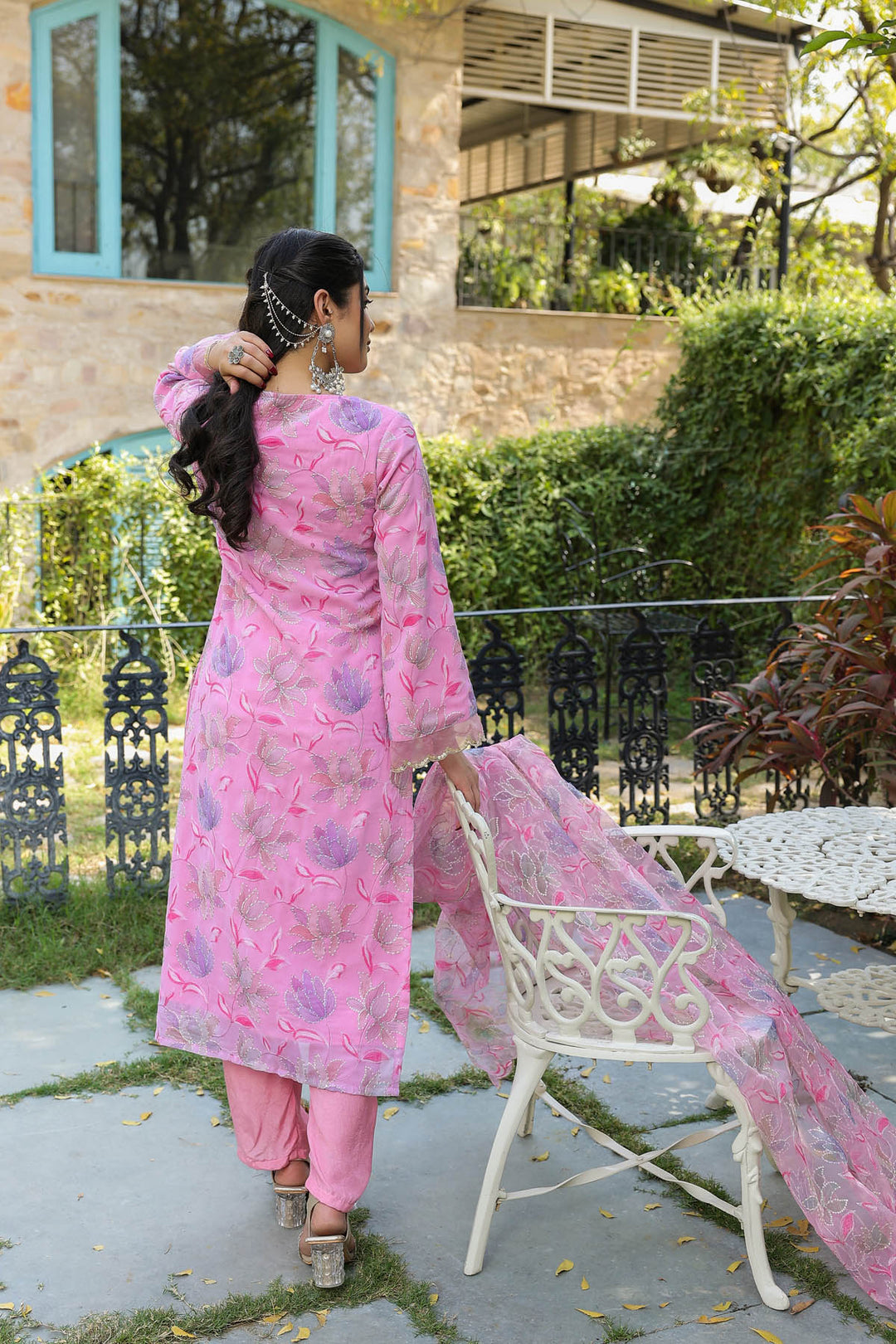 Pink Georgette suit set with Organza Dupatta