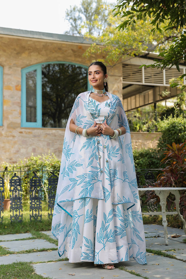 White & Teal Lehenga Set with Cape