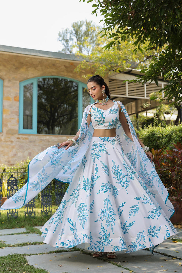 White & Teal Lehenga Set with Cape