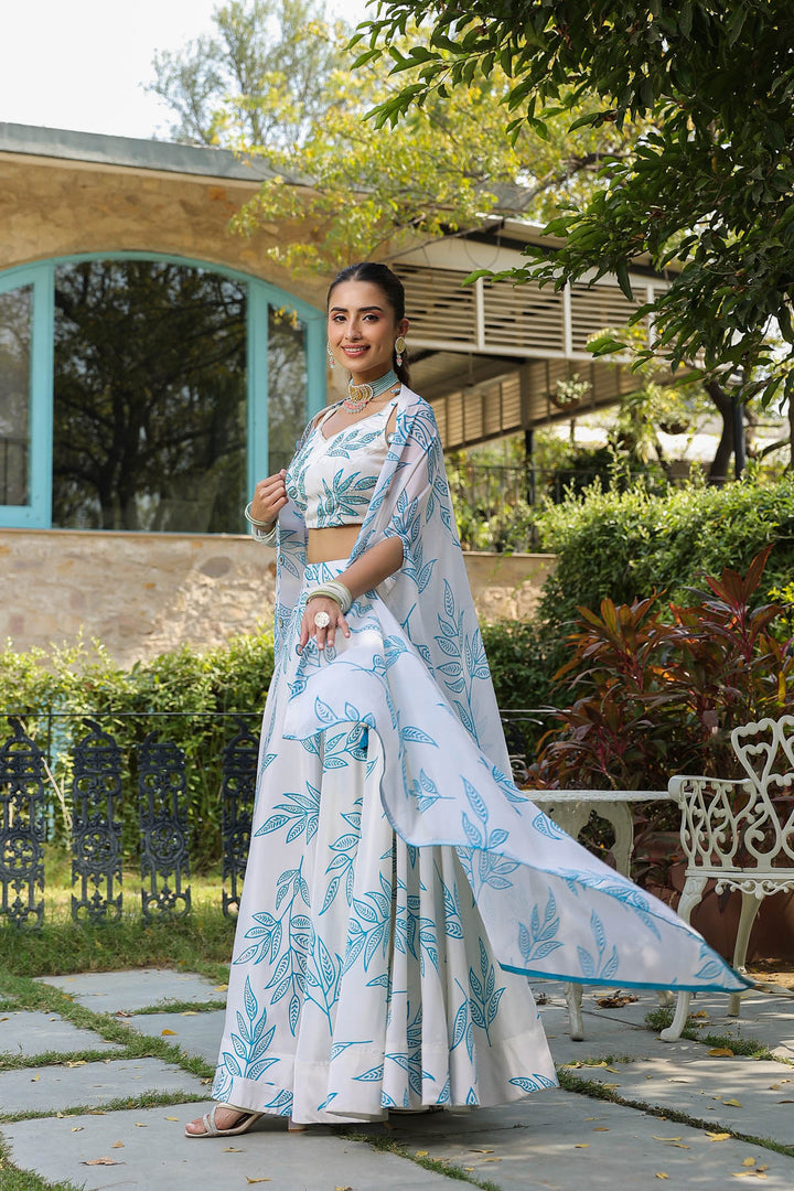 White & Teal Lehenga Set with Cape