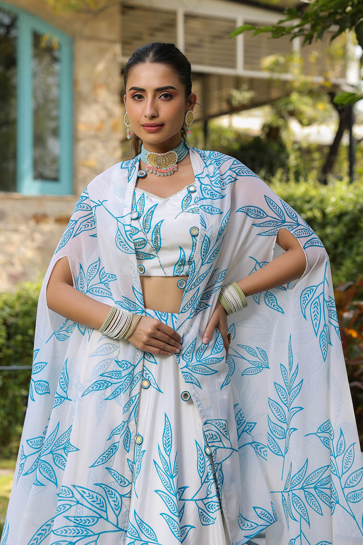 White & Teal Lehenga Set with Cape