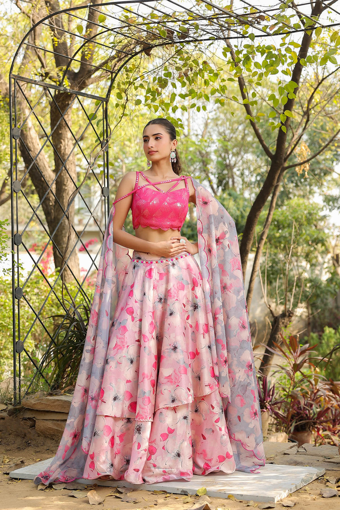 Carnation Pink & Aqua  Multilayered Dola Silk Lehenga  Set