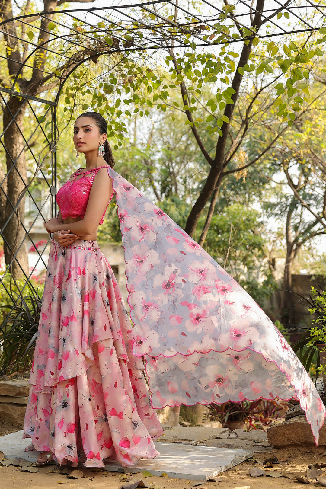 Carnation Pink & Aqua  Multilayered Dola Silk Lehenga  Set