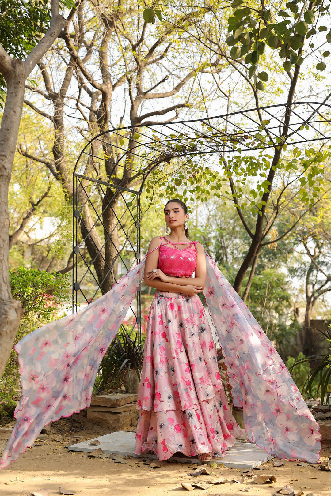 Carnation Pink & Aqua  Multilayered Dola Silk Lehenga  Set