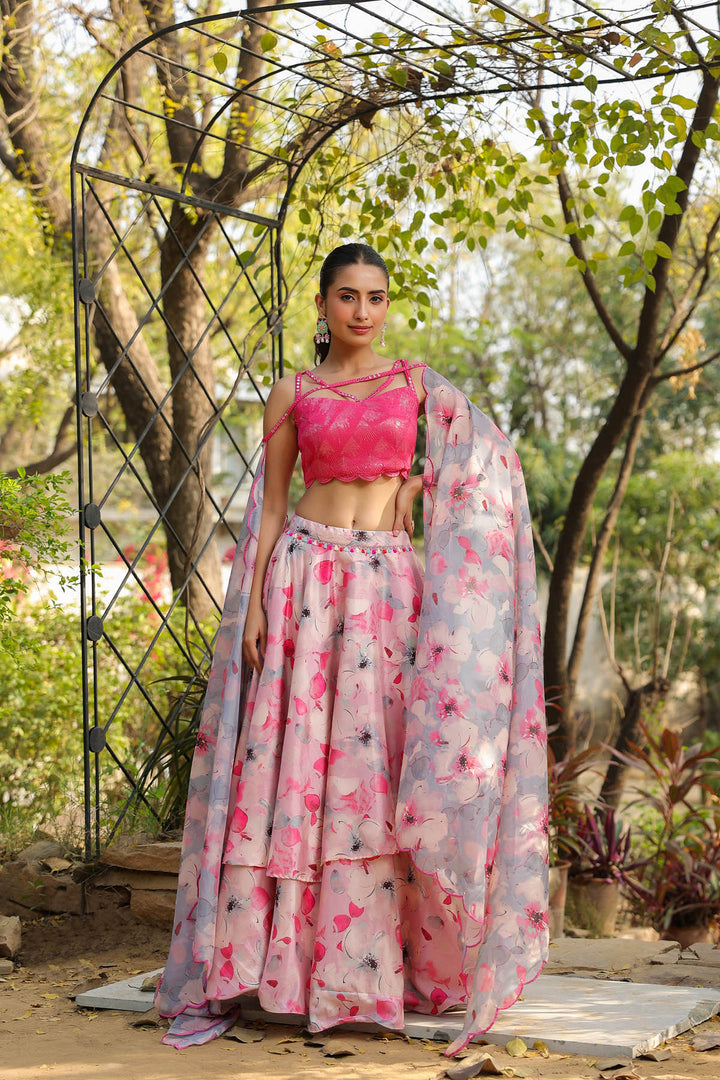 Carnation Pink & Aqua  Multilayered Dola Silk Lehenga  Set