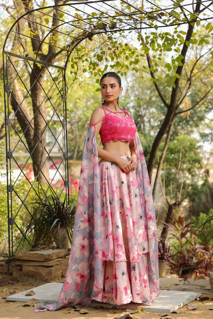 Carnation Pink & Aqua  Multilayered Dola Silk Lehenga  Set