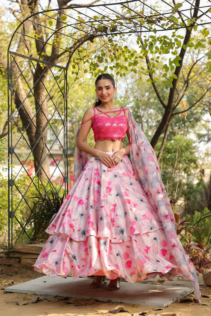 Carnation Pink & Aqua  Multilayered Dola Silk Lehenga  Set