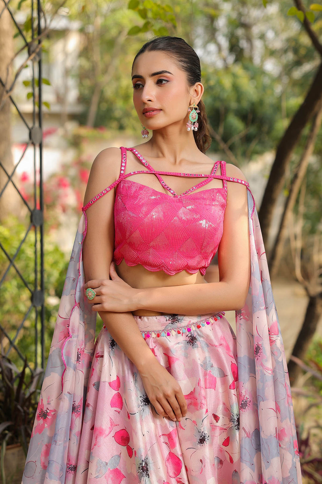 Carnation Pink & Aqua  Multilayered Dola Silk Lehenga  Set