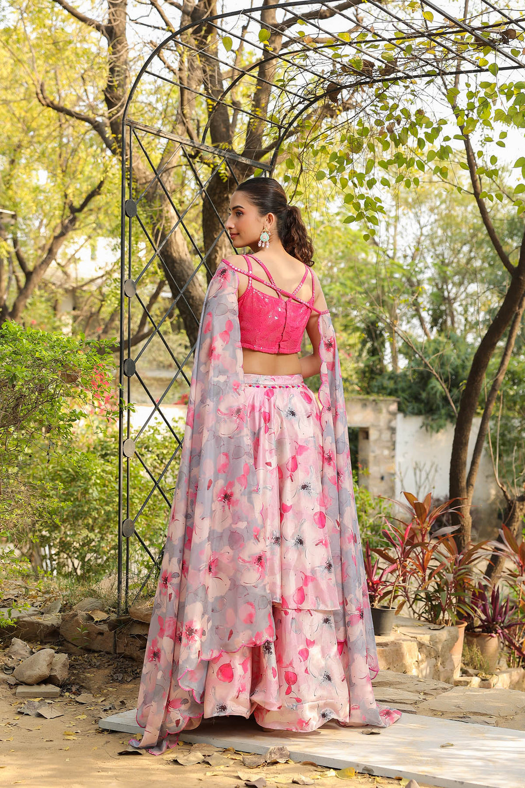 Carnation Pink & Aqua  Multilayered Dola Silk Lehenga  Set