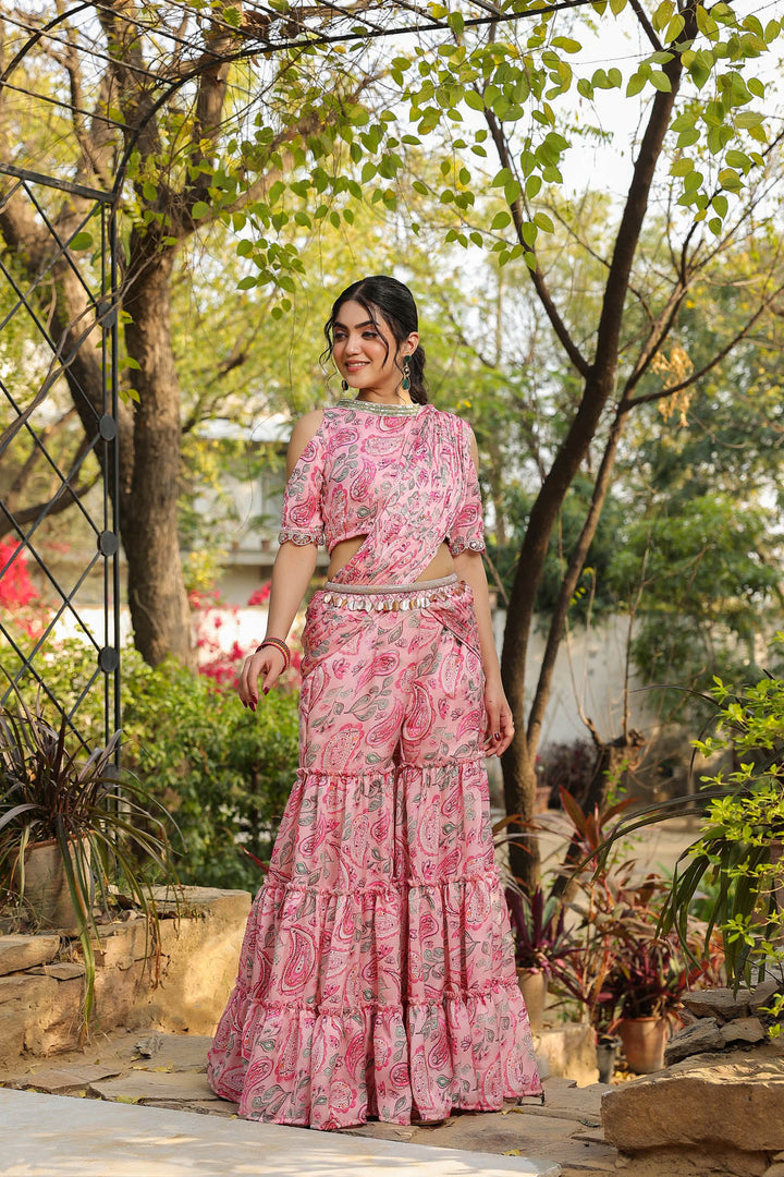 Rose Pink Paisley printed Satin Georgette Predraped  Sharara Saree