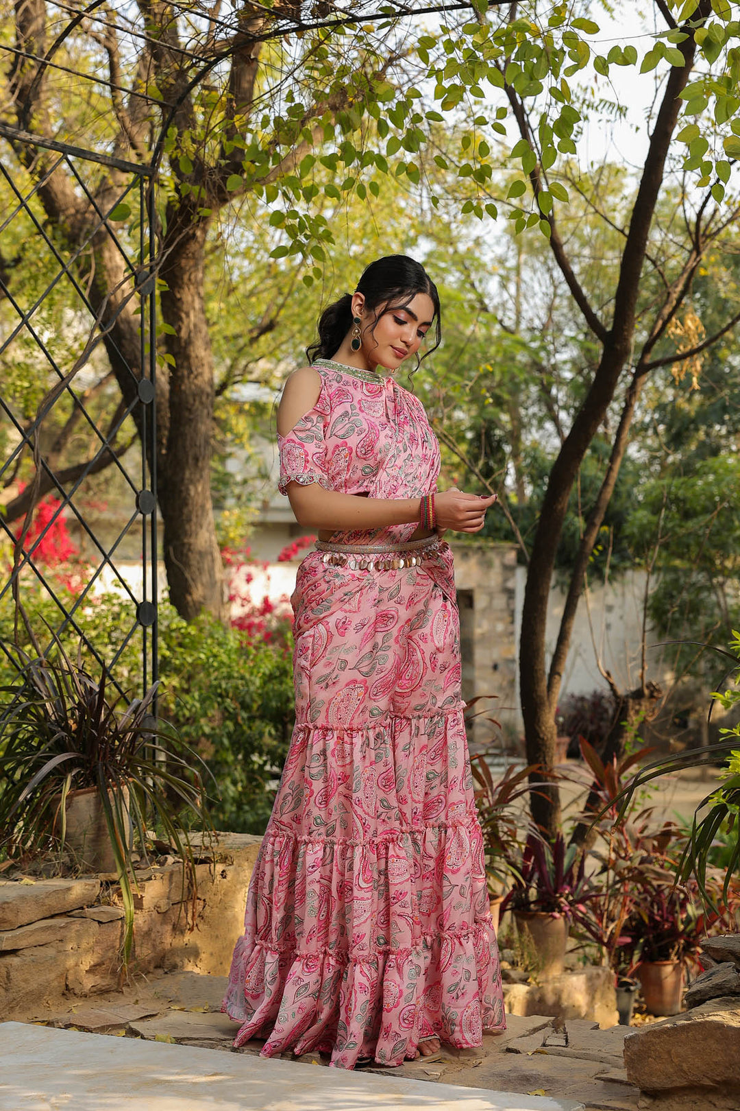 Rose Pink Paisley printed Satin Georgette Predraped  Sharara Saree