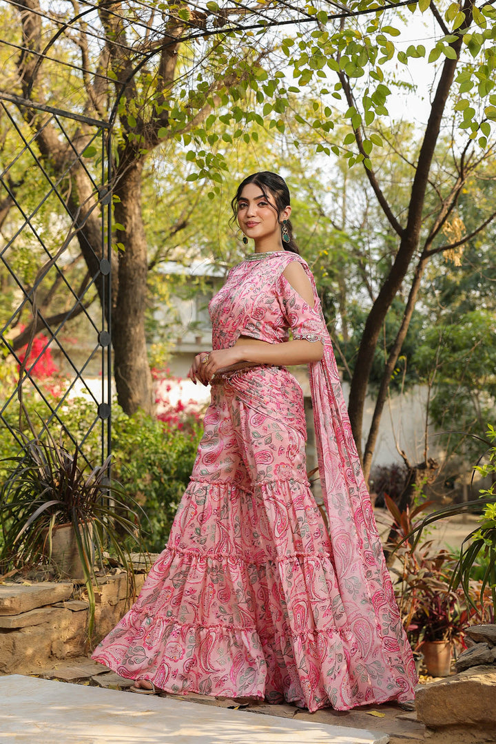 Rose Pink Paisley printed Satin Georgette Predraped  Sharara Saree