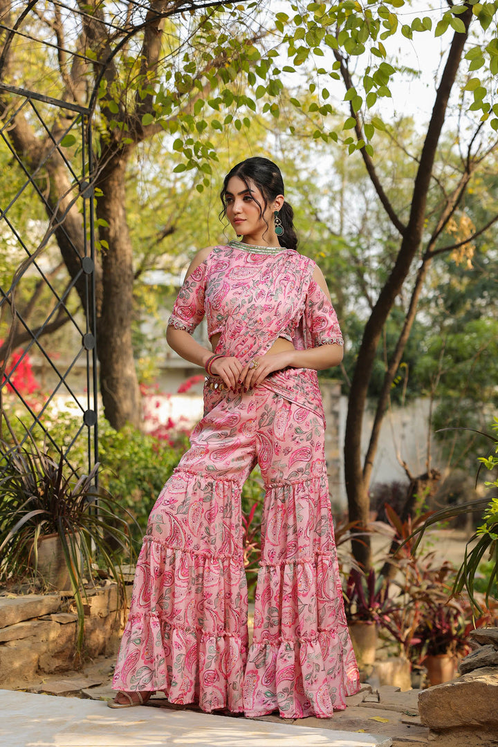 Rose Pink Paisley printed Satin Georgette Predraped  Sharara Saree