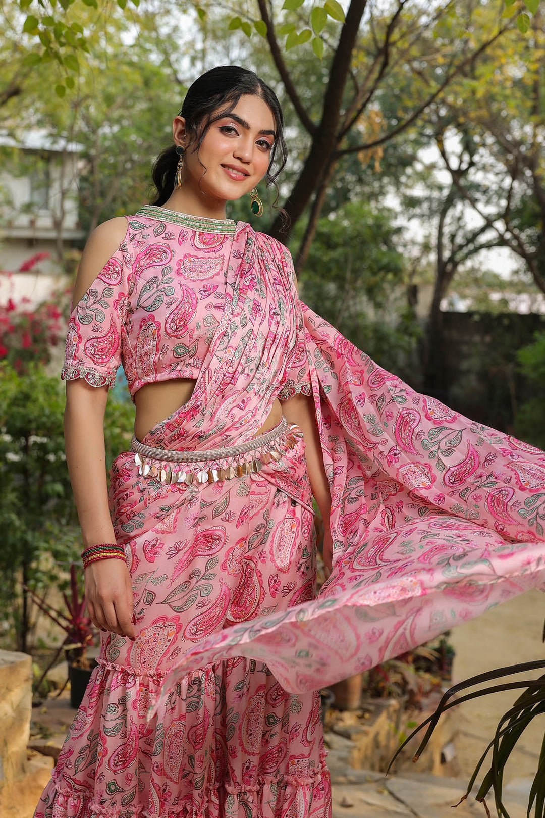 Rose Pink Paisley printed Satin Georgette Predraped  Sharara Saree