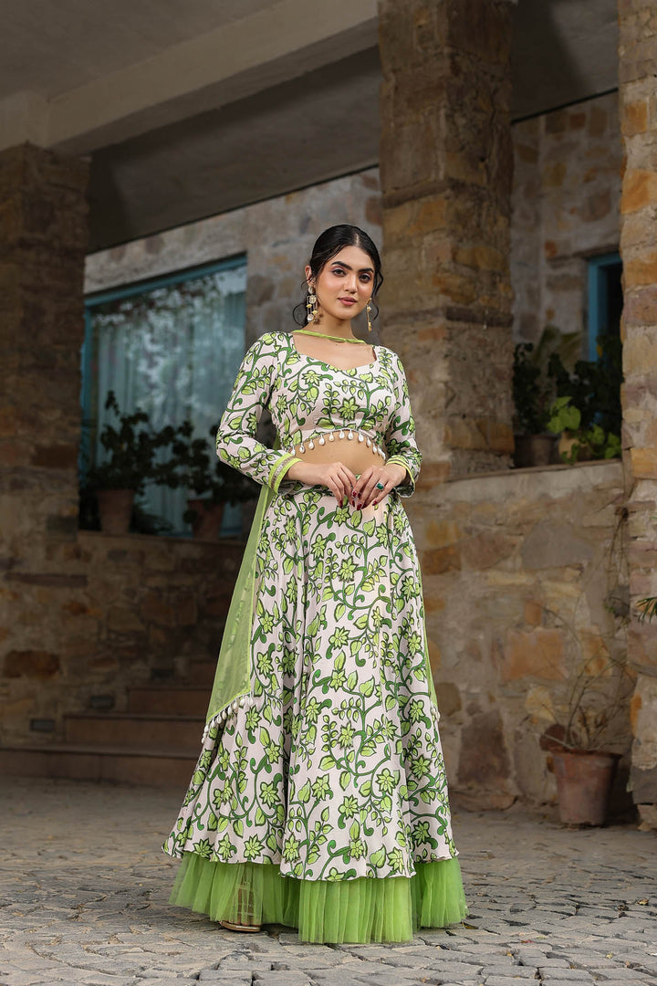 Green & Beige Linen Satin Lehenga set with Attatched Dupatta