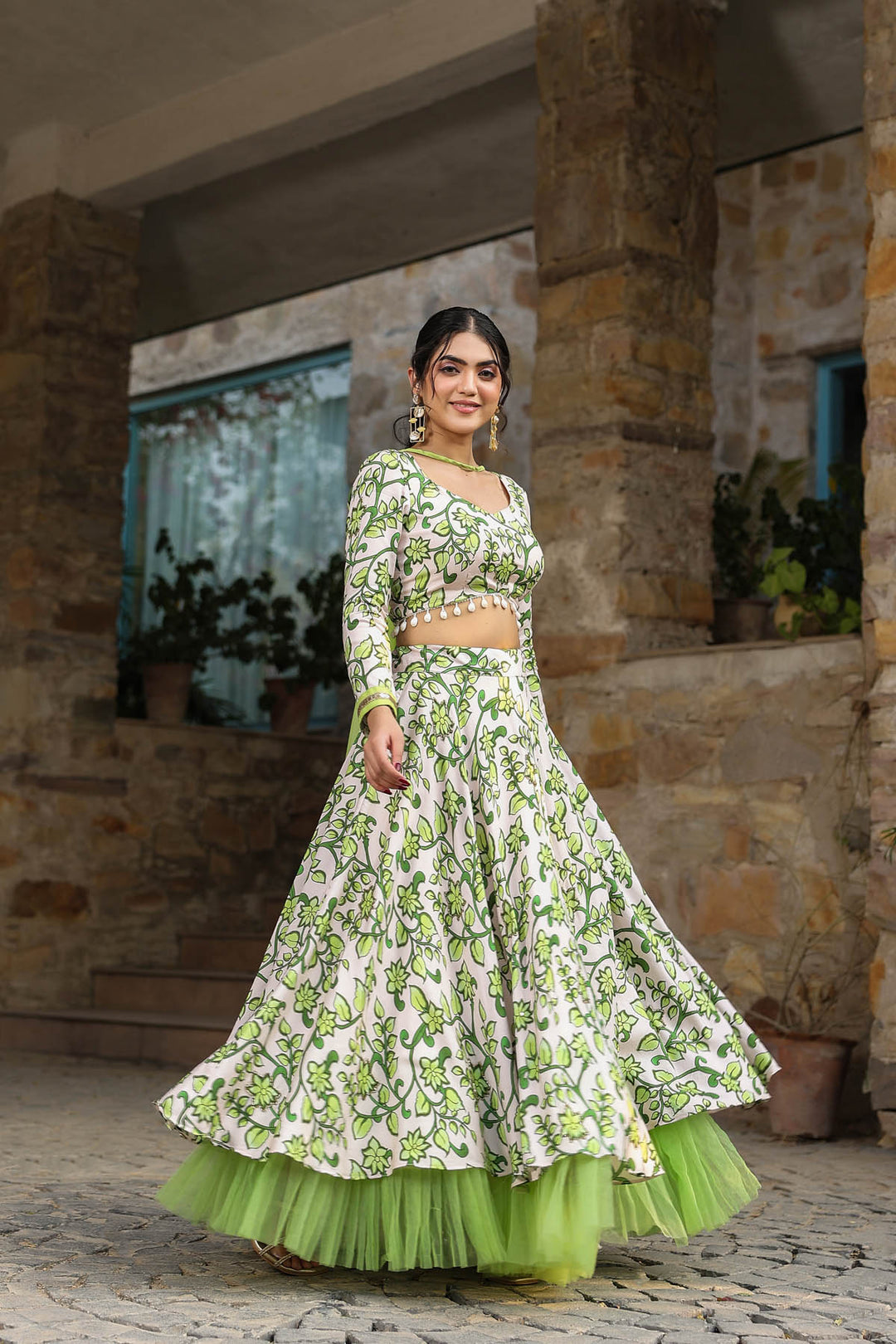 Green & Beige Linen Satin Lehenga set with Attatched Dupatta