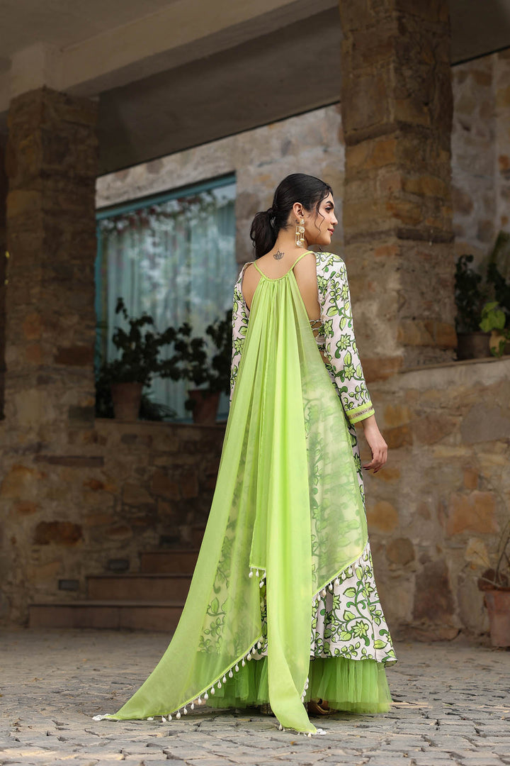 Green & Beige Linen Satin Lehenga set with Attatched Dupatta