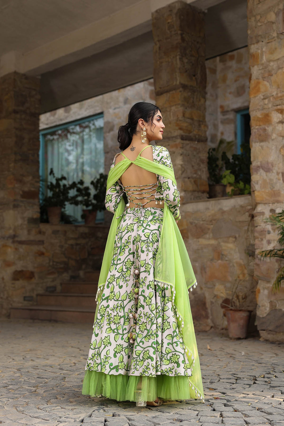 Green & Beige Linen Satin Lehenga set with Attatched Dupatta