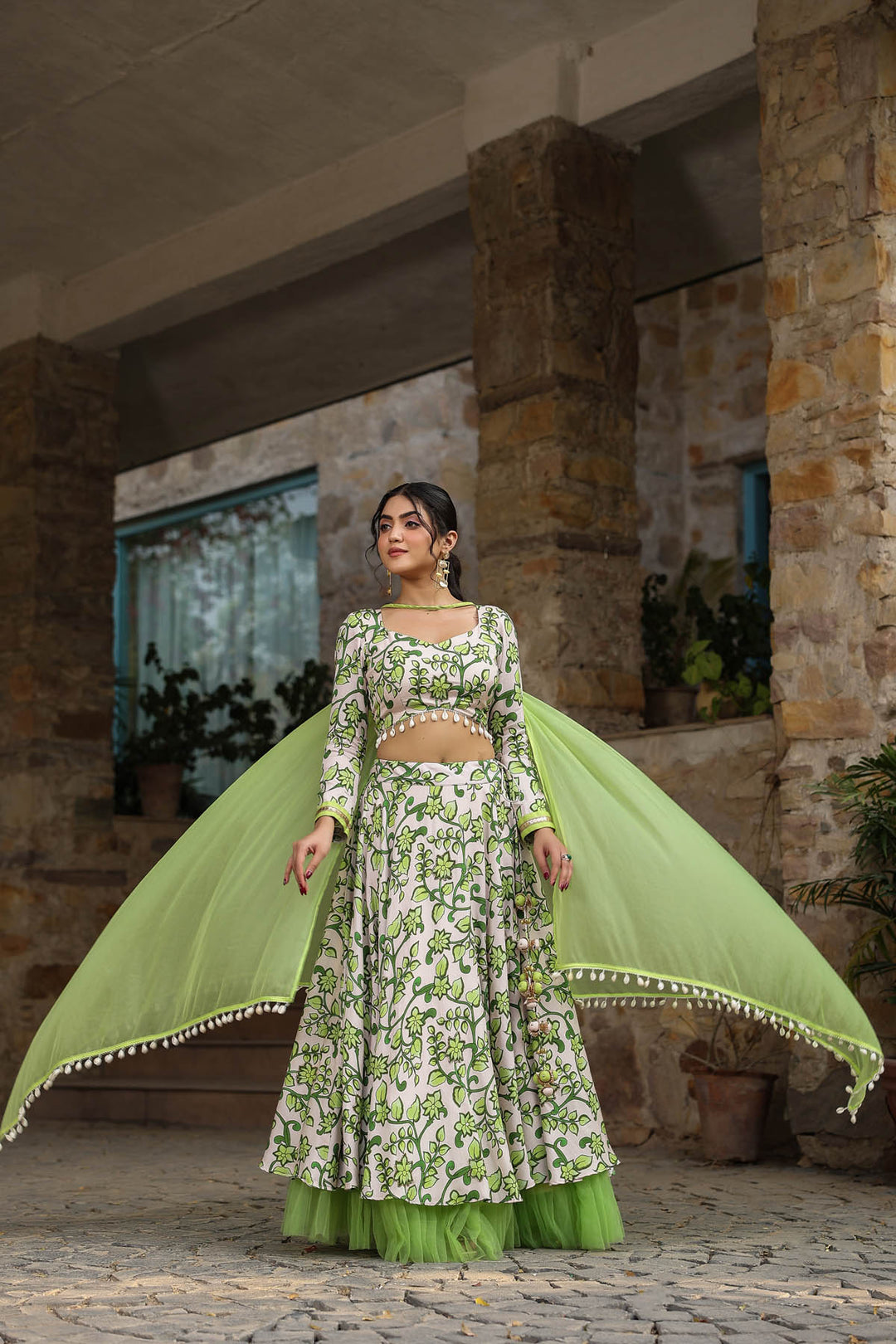 Green & Beige Linen Satin Lehenga set with Attatched Dupatta