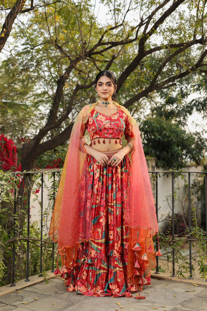 Cherry Red & Yellow Printed Satin Lehenga set