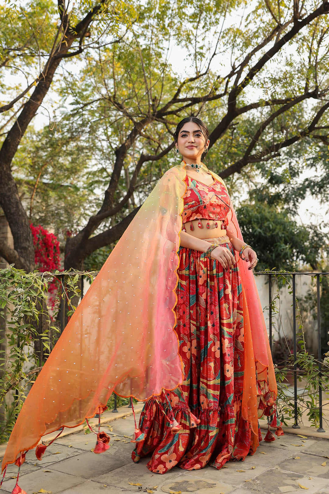 Cherry Red & Yellow Printed Satin Lehenga set