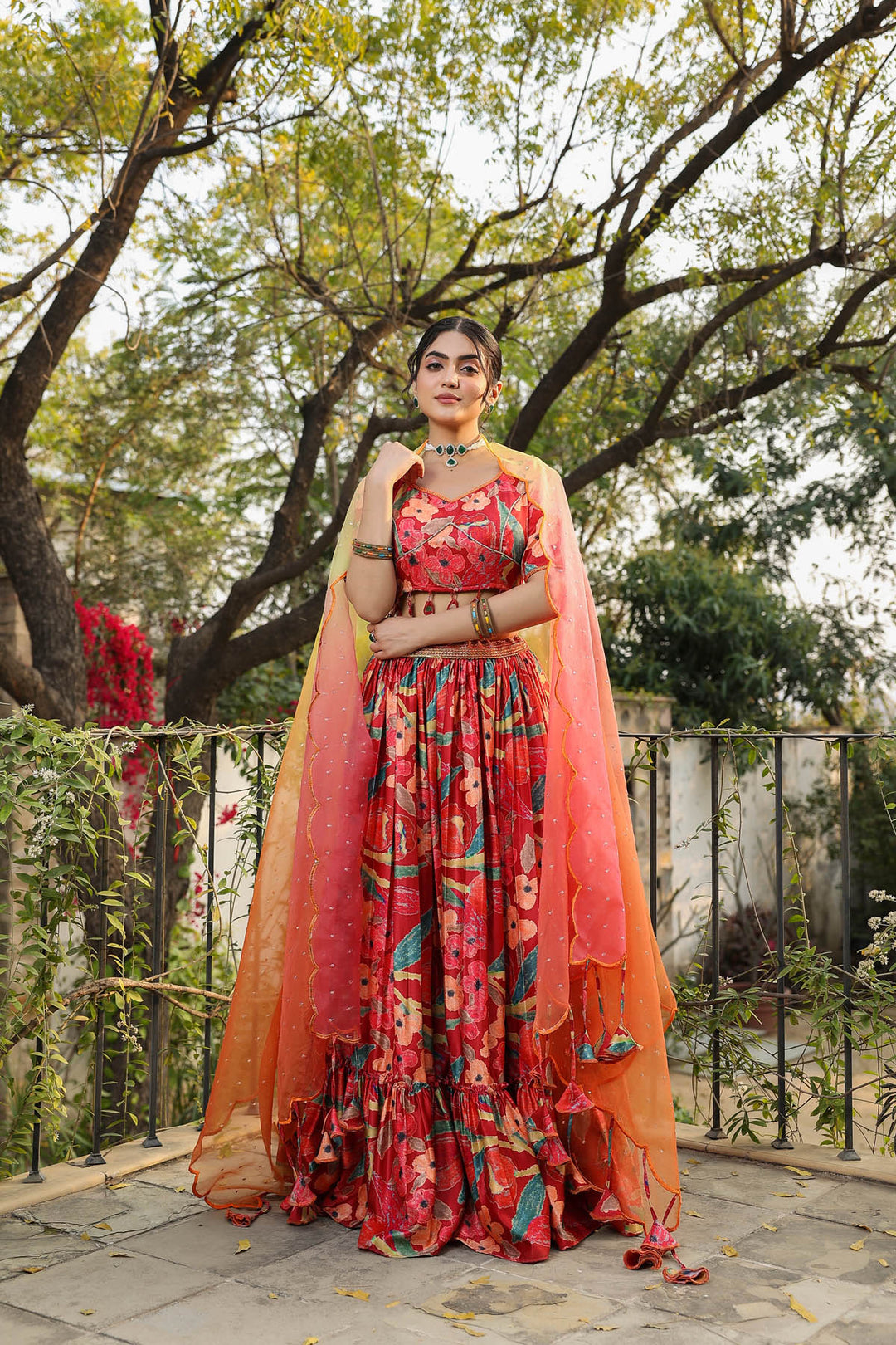 Cherry Red & Yellow Printed Satin Lehenga set