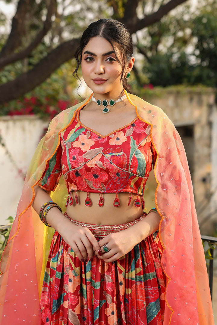 Cherry Red & Yellow Printed Satin Lehenga set