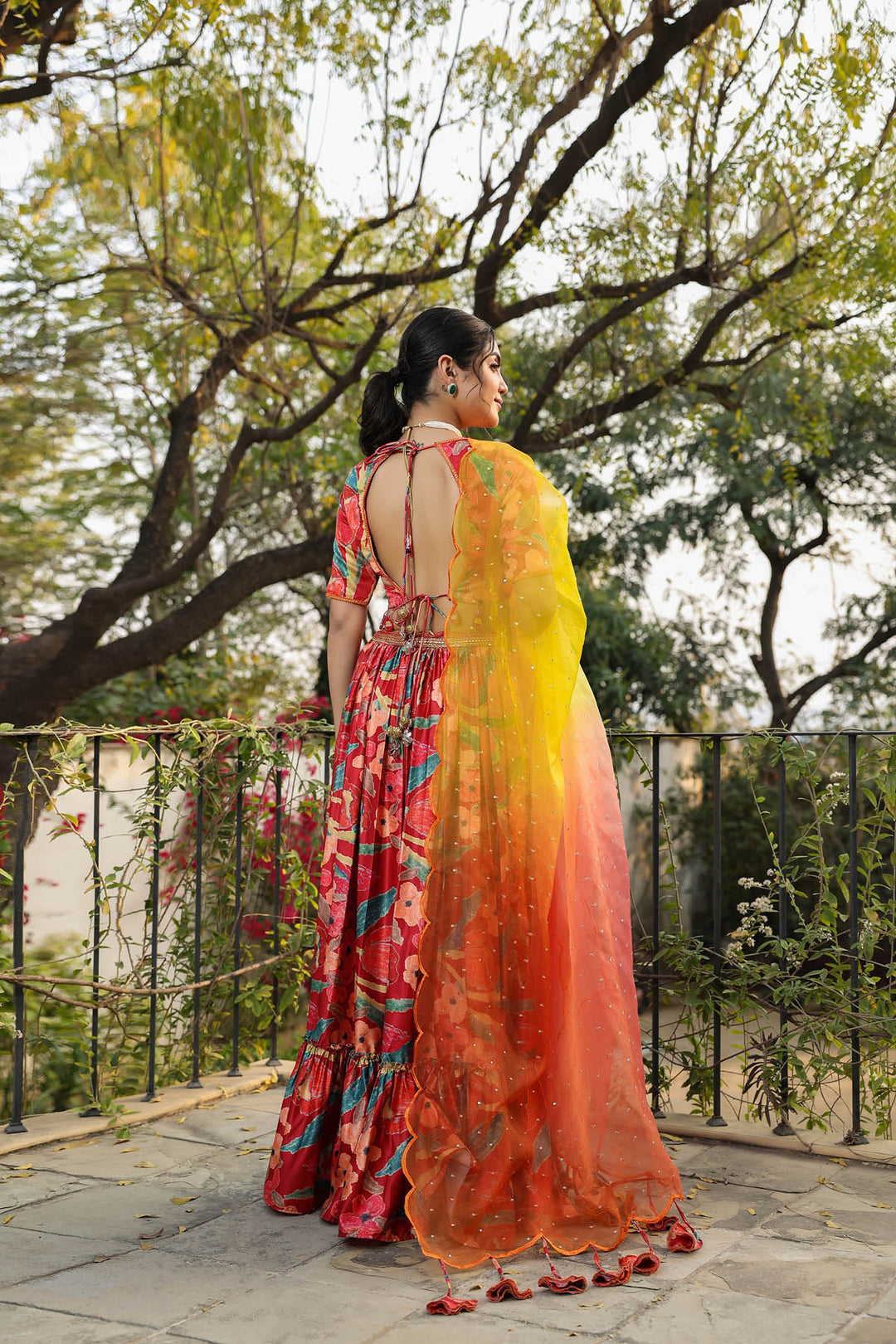 Cherry Red & Yellow Printed Satin Lehenga set