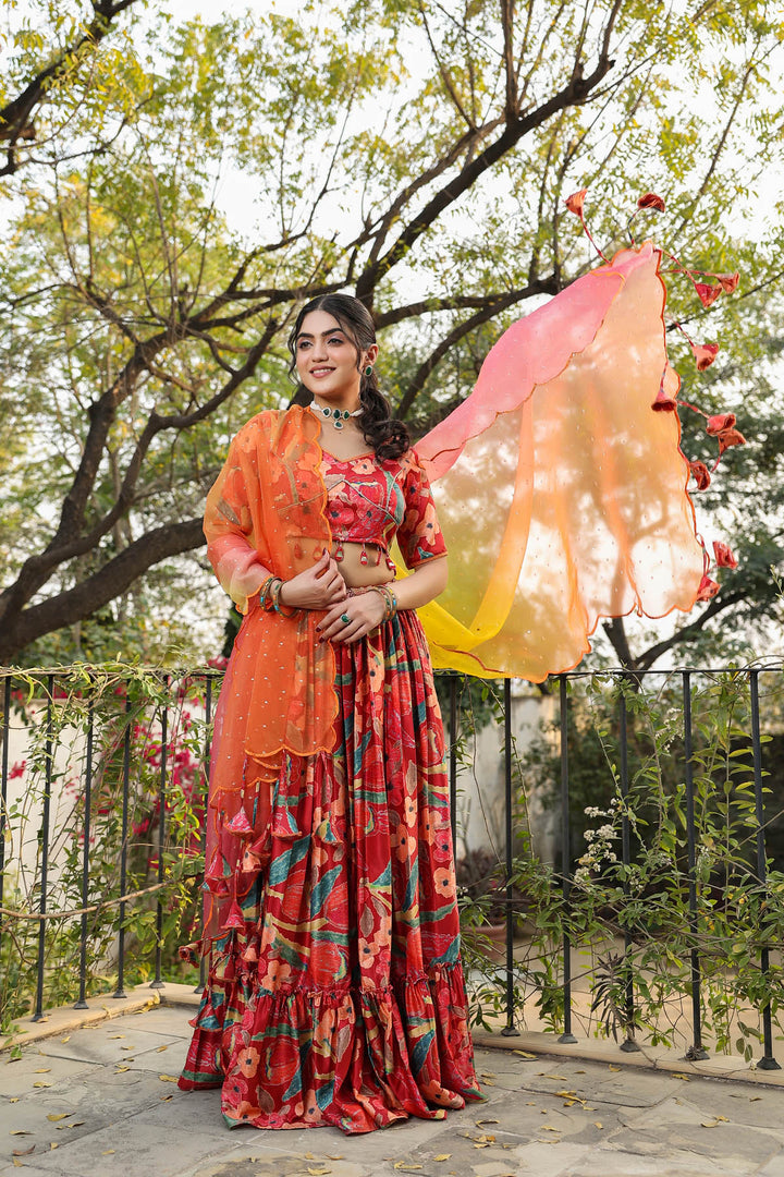 Cherry Red & Yellow Printed Satin Lehenga set