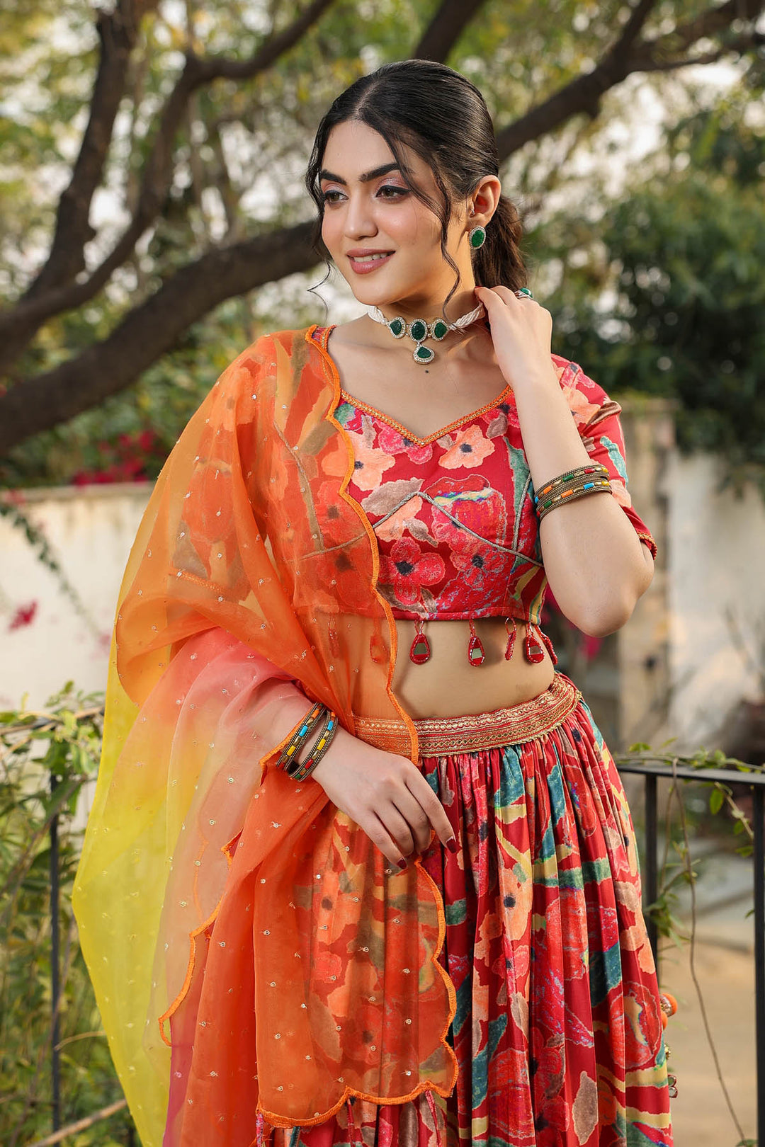 Cherry Red & Yellow Printed Satin Lehenga set