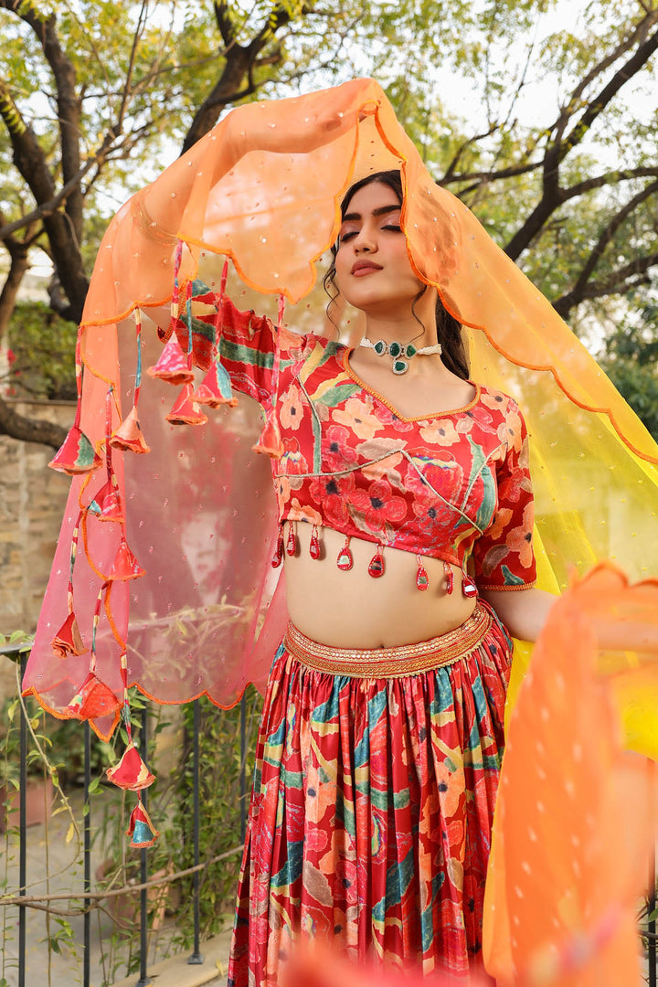 Cherry Red & Yellow Printed Satin Lehenga set