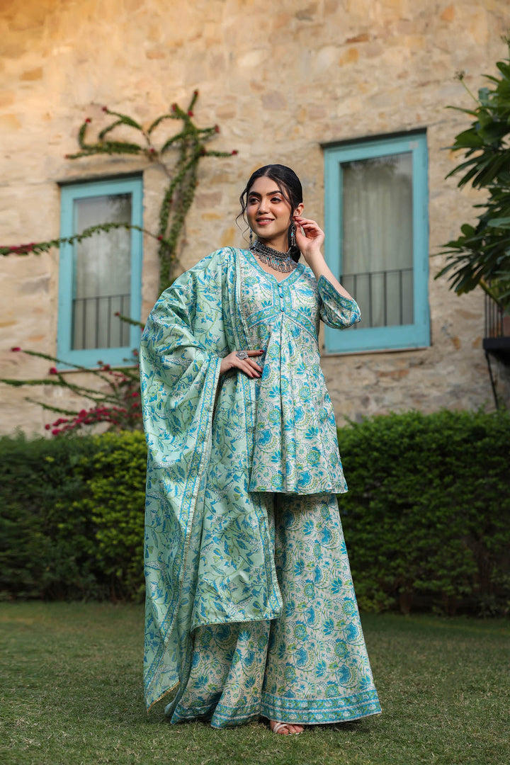 Green Blue Tussar Sharara Set