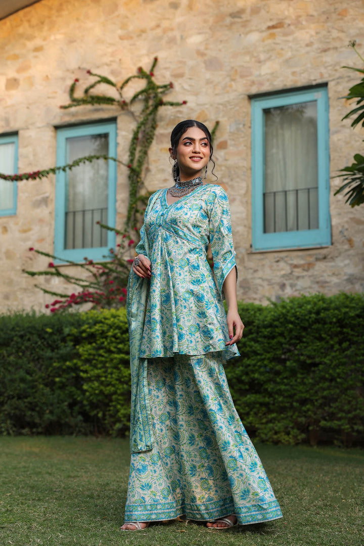 Green Blue Tussar Sharara Set