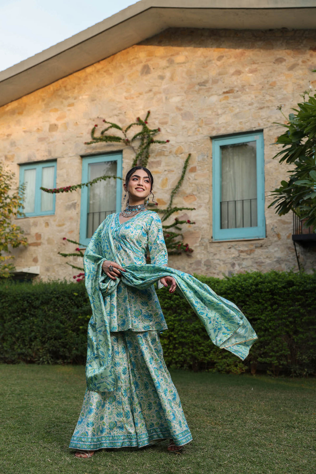 Green Blue Tussar Sharara Set