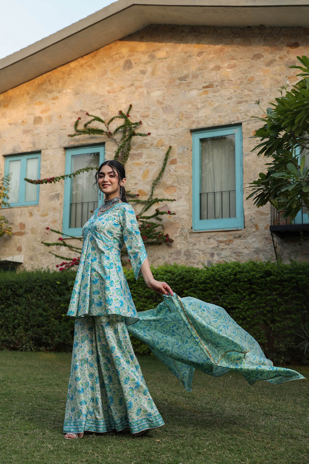 Green Blue Tussar Sharara Set