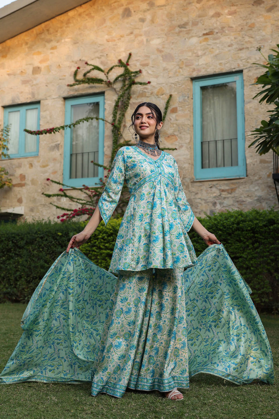 Green Blue Tussar Sharara Set