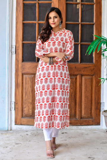 Printed Red Cotton Kurti
