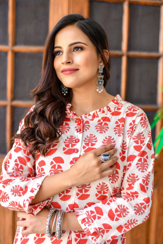 Printed Red Cotton Kurti