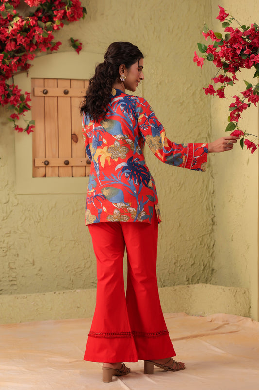 Printed Top with Red Flared Pant