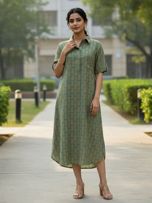 Olive Printed Shirt Dress