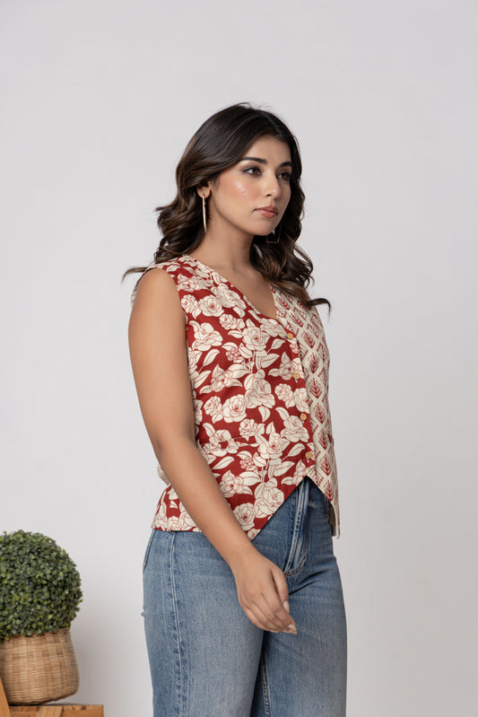 Dual Print Red & Ivory Screen Printed Sleeveless Cotton Designer Top