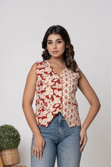 Dual Print Red & Ivory Screen Printed Sleeveless Cotton Designer Top