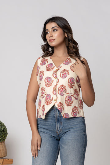 Ivory Floral Screen Print Sleeveless Cotton Designer Top