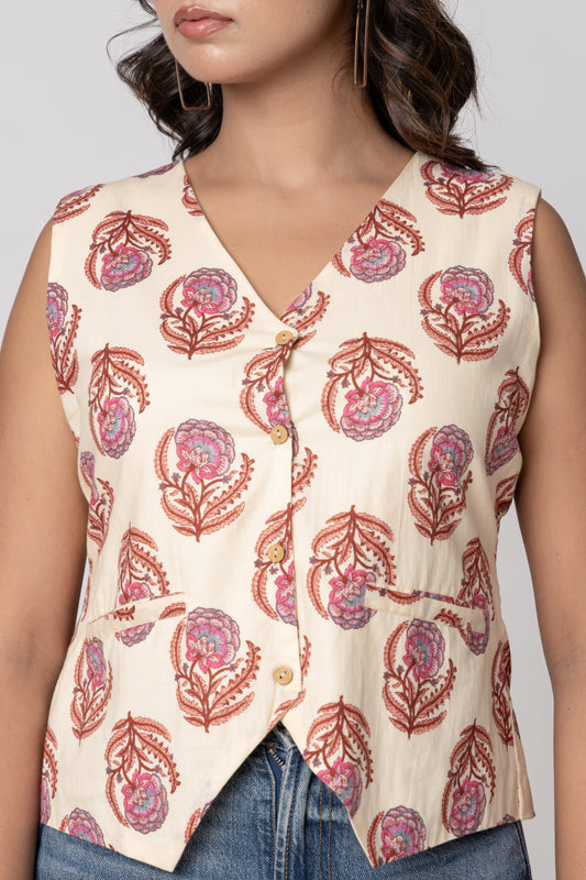 Ivory Floral Screen Print Sleeveless Cotton Designer Top