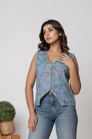 Teal & Grey Floral Screen Print Sleeveless Cotton Designer Top