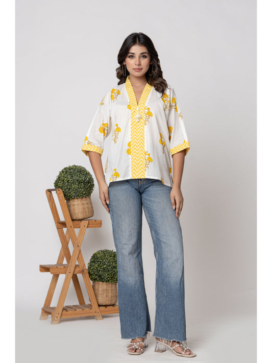 White & Yellow Summer Printed Cotton Designer Top