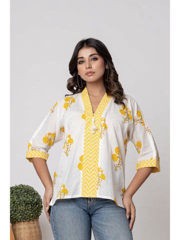 White & Yellow Summer Printed Cotton Designer Top