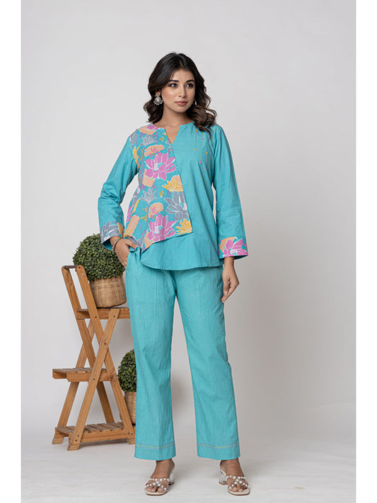Aqua Printed Tunic And Trouser Coord Set