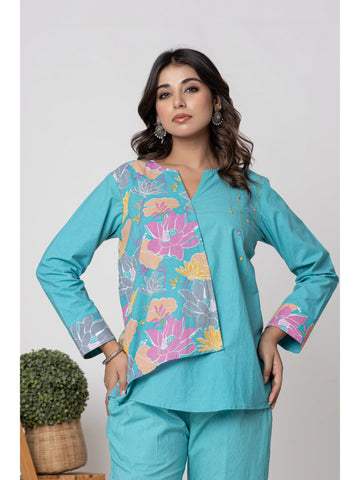 Aqua Printed Tunic And Trouser Coord Set