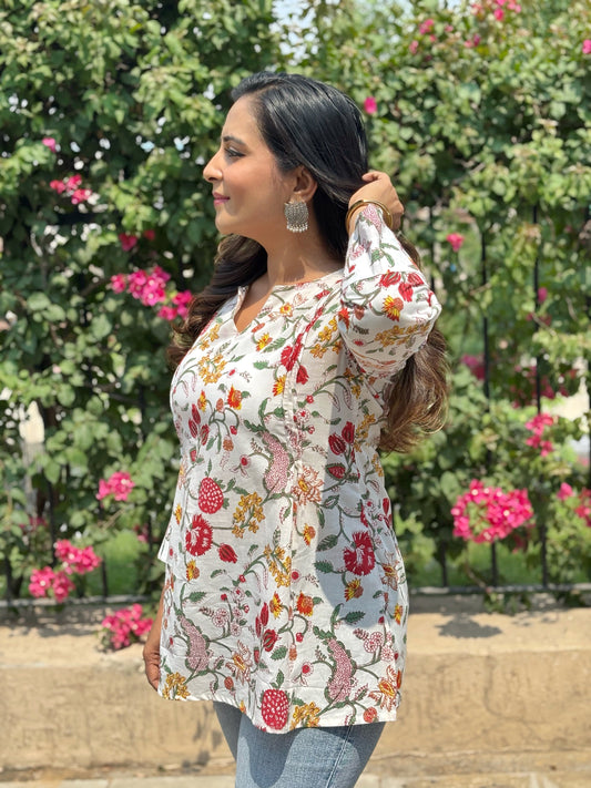 White Floral Printed Short Designer Kurta